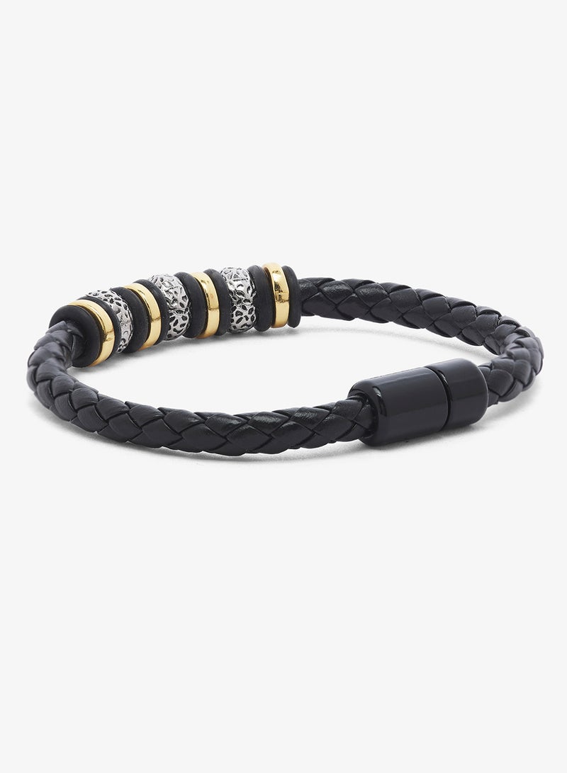 Seventy Five Braided Leather & Metal Bead With Magnetic Clasp Bracelet - Image 2